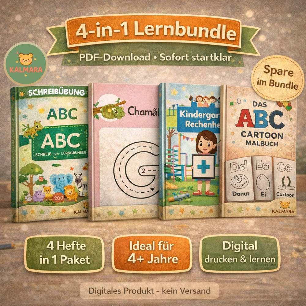 Kinder Lernpaket – Schreiben, Rechnen, ABC & Ausmalen | 4 PDF-Hefte Vorschule zum Ausdrucken